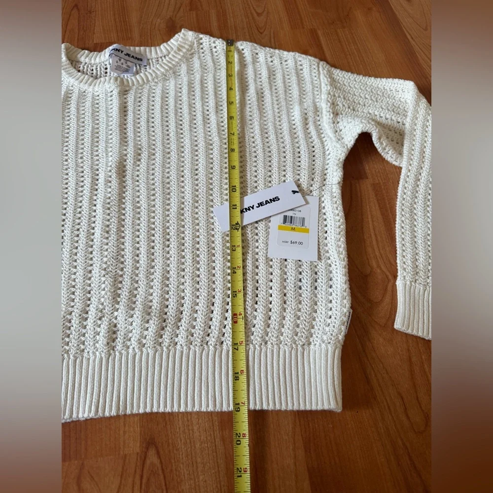 DKNY Jeans Women’s M Open Stitch Long Sleeve Cotton Sweater White Knitted Beach - Picture 4 of 12